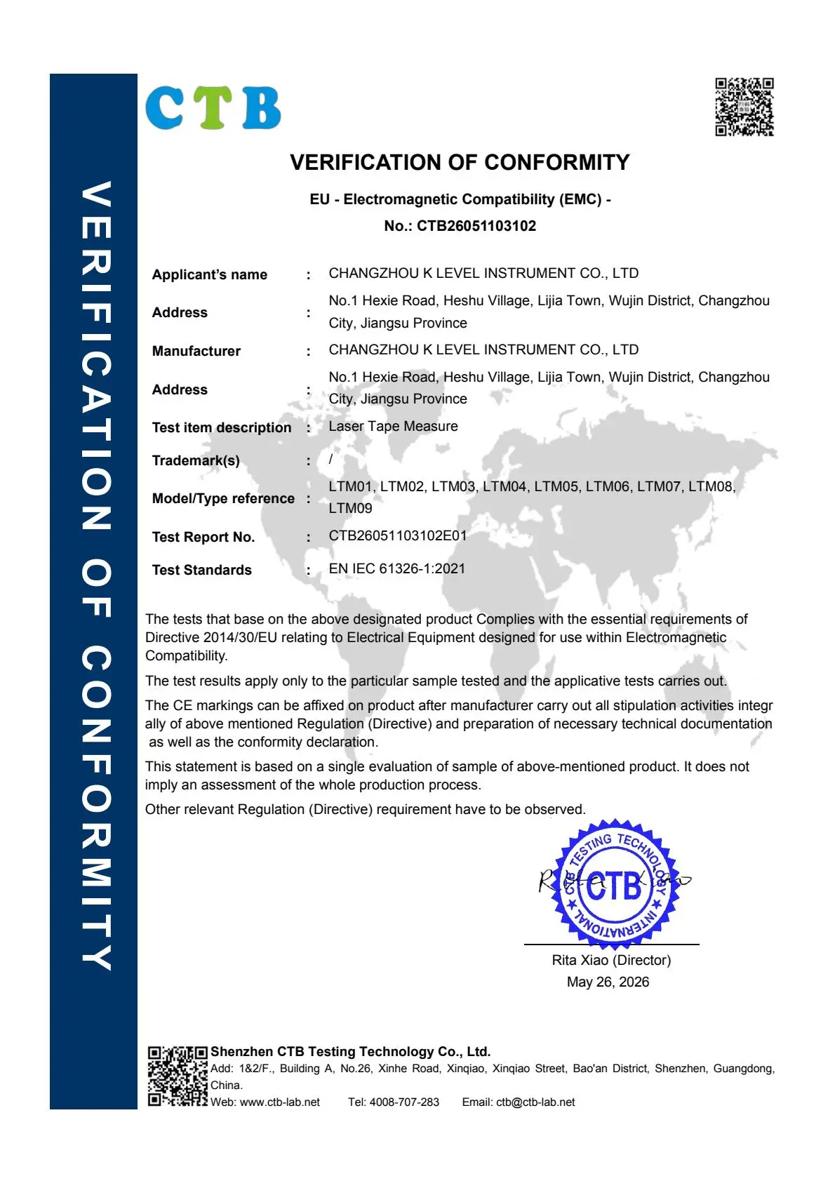 SGS CE Verification of Compliance for Rotary Laser and Receiver