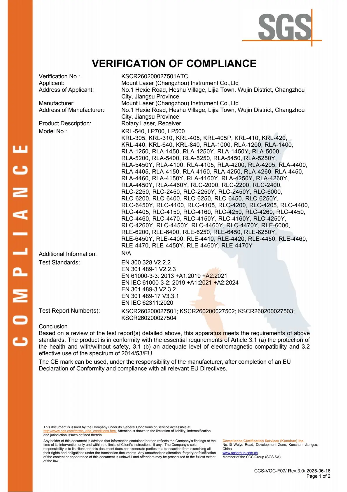 SGS CE Verification of Compliance for Rotary Laser and Receiver