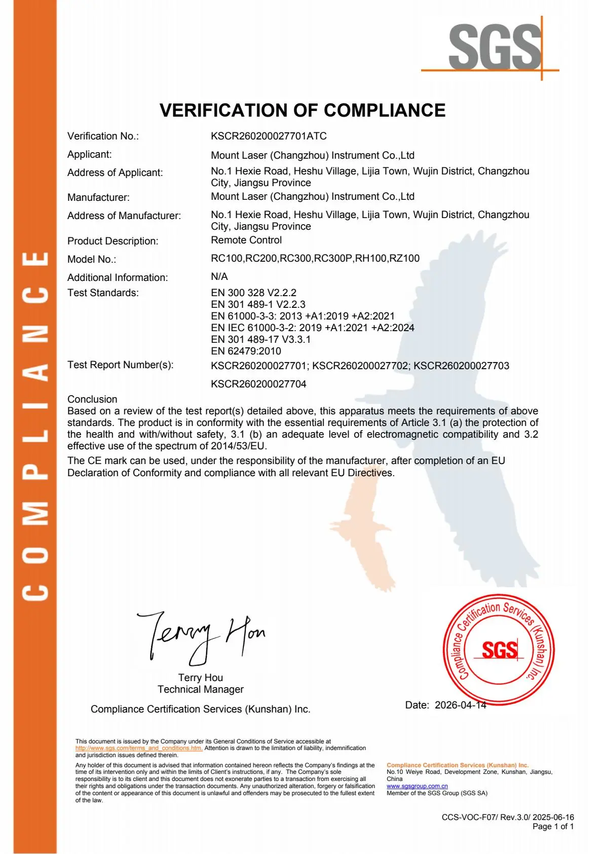 SGS CE Verification of Compliance for Rotary Laser and Receiver