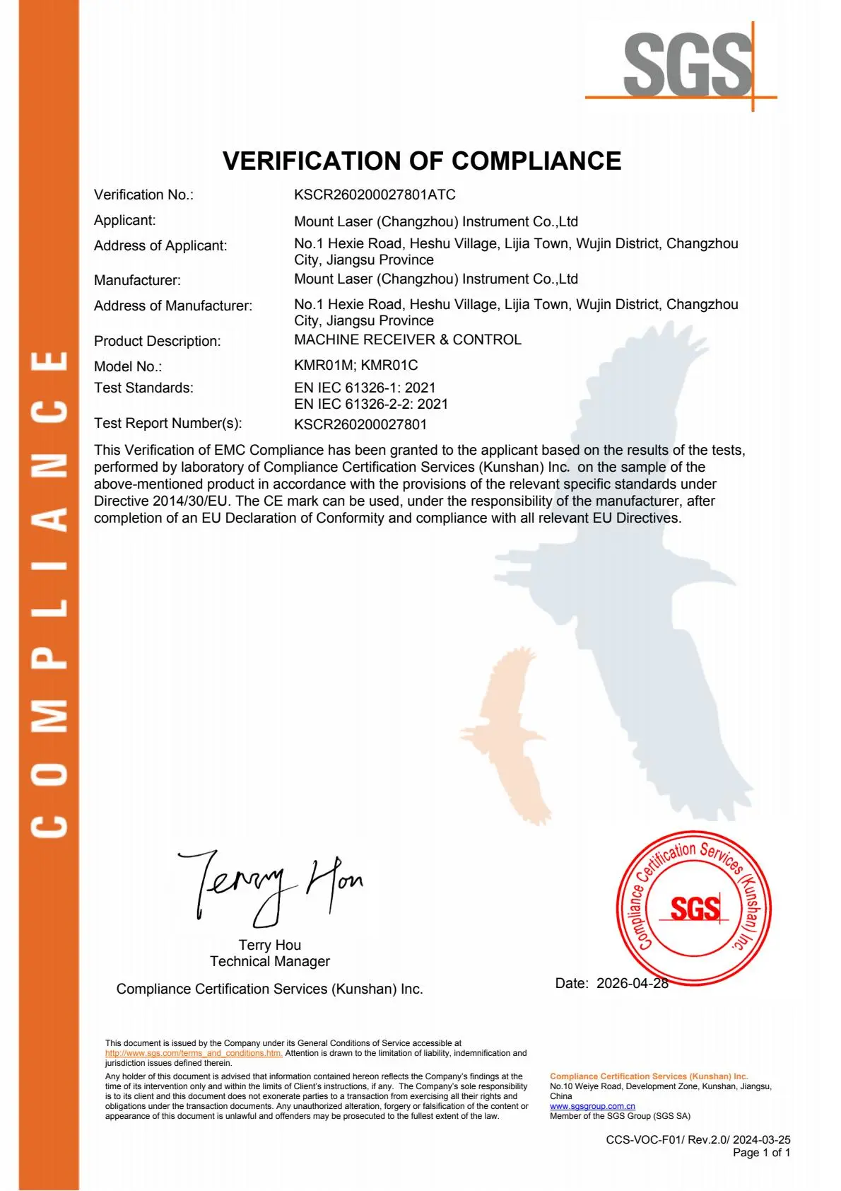 SGS CE Verification of Compliance for Machine Receiver & Control KMR01M KMR01C