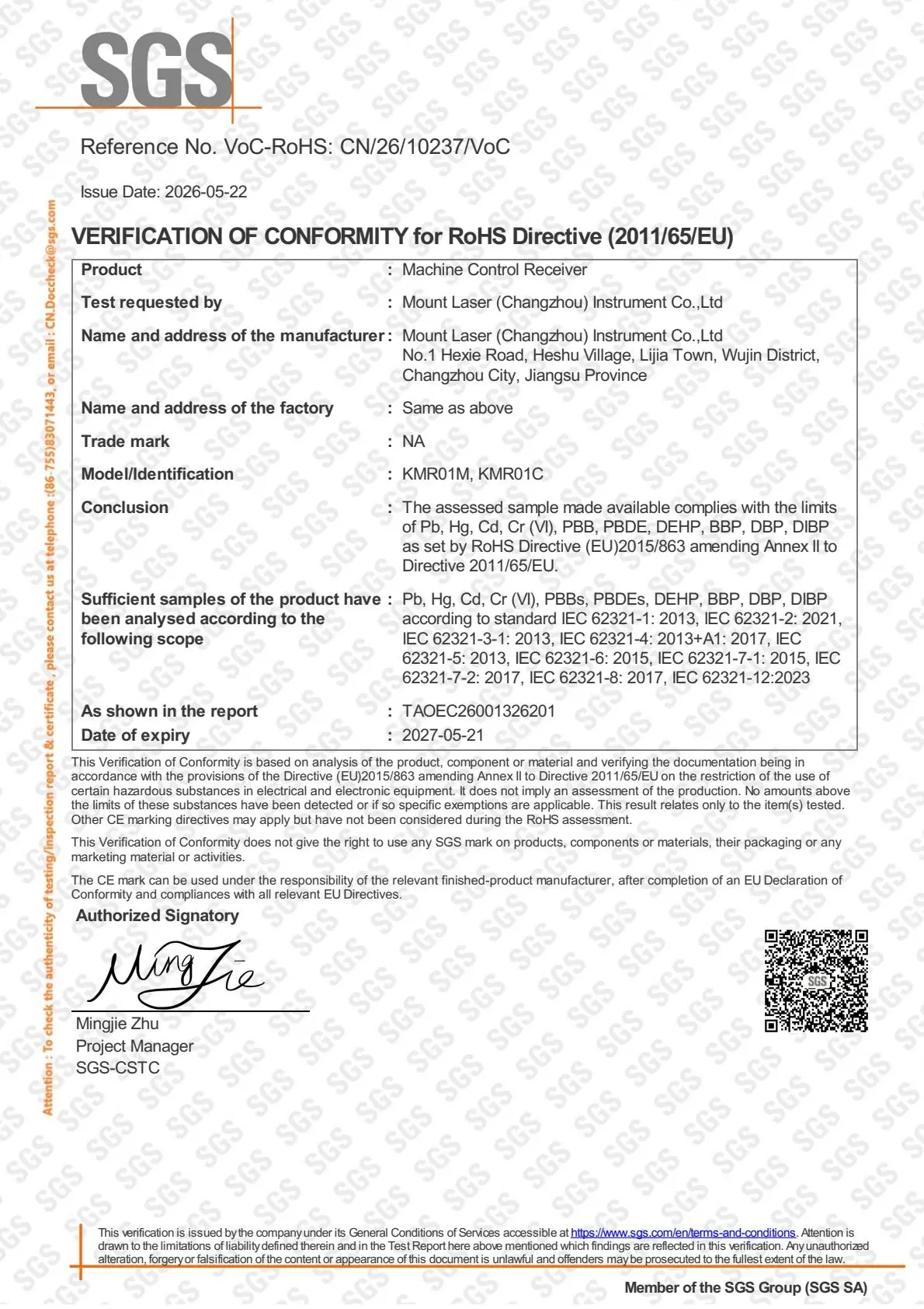 SGS RoHS Verification of Conformity for Machine Control Receiver KMR01M KMR01C